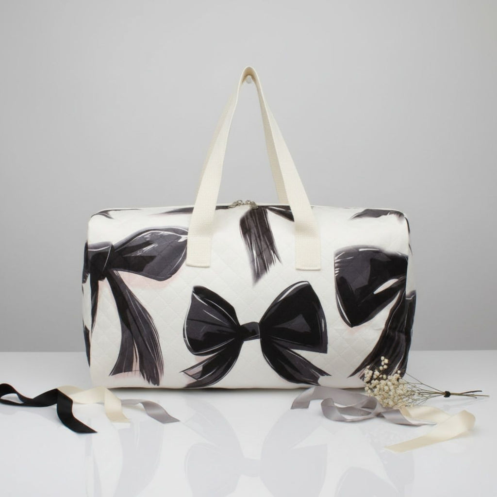 Fashion Travel Duffel Bag Cream Quilted with Black Bow, Stylish and Chic