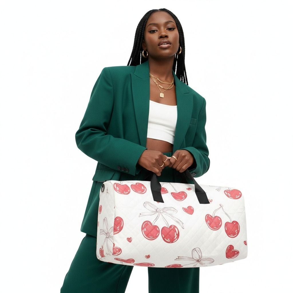 Fashion Duffel Travel Bag Cream Quilted Red Cherry Stylish Accessory