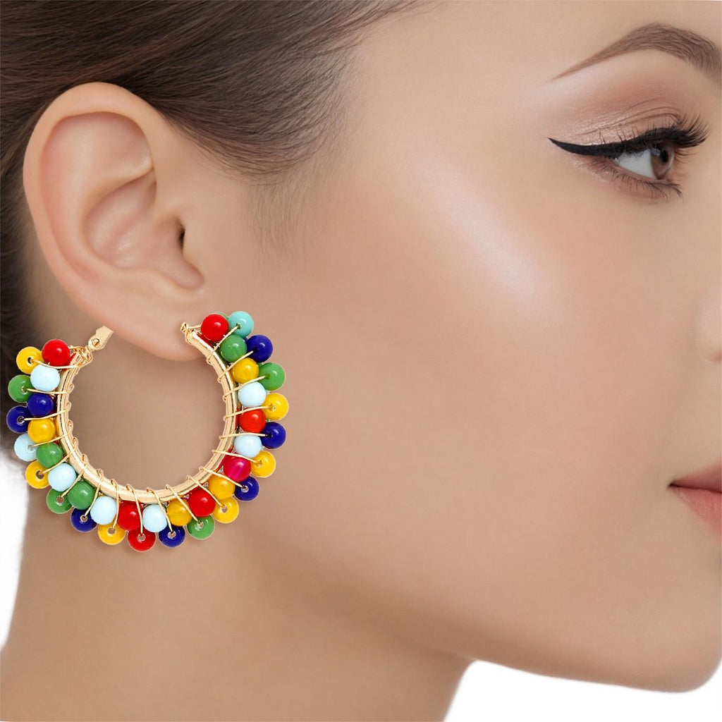 Statement Hoop Earrings Multicolor Bead Gold Wire Wrapped Stylish Jewelry