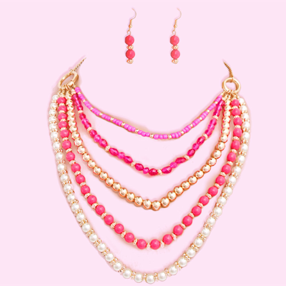 Pearl Necklace Set with Fuchsia Beads Stylish Statement Jewelry