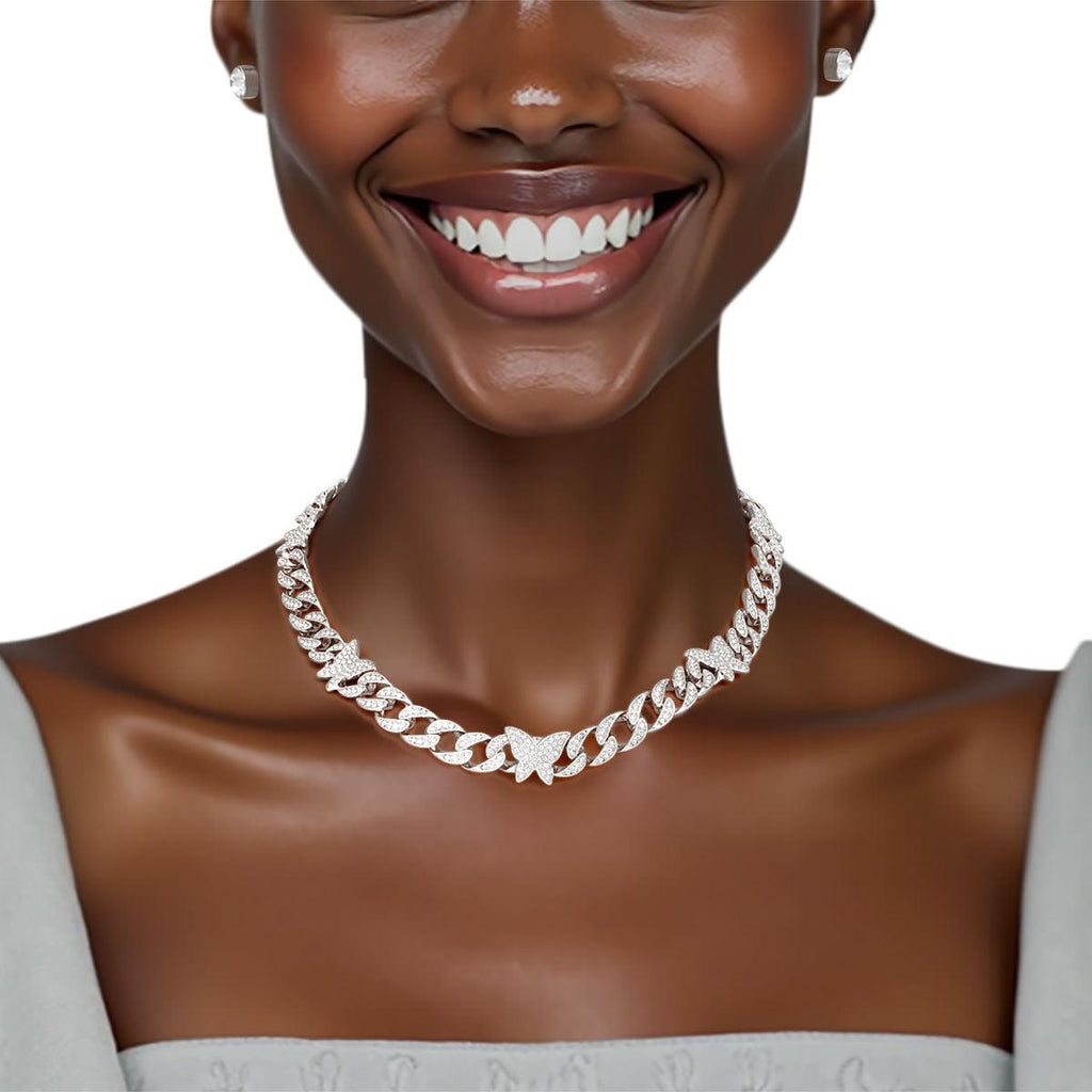 Chain Feminine Flair Iced Silver Butterfly Necklace