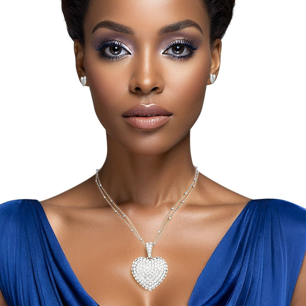 Pendant Silver 2-Layer Puffy Rhinestone Heart Necklace Stylish Layered Jewelry