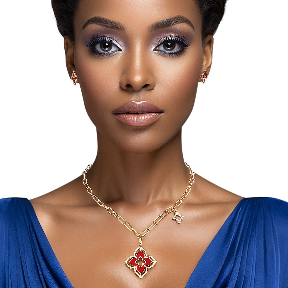 Statement Pendant Necklace Set with Gold Red Monogram Flower Design