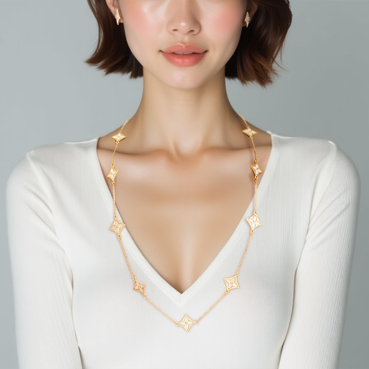 Long Gold Necklace with Cream Monogram Flower Chain – Stylish Statement Jewelry