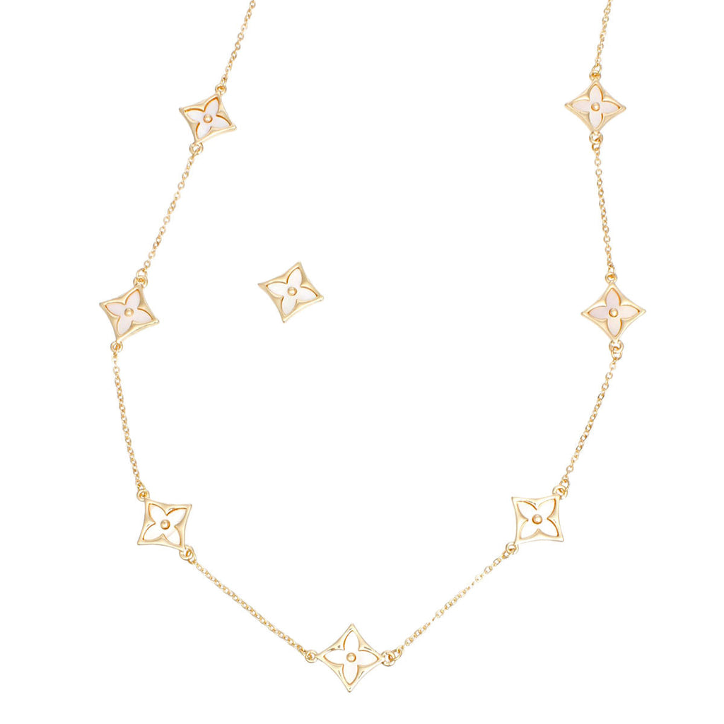Long Gold Necklace with Cream Monogram Flower Chain – Stylish Statement Jewelry