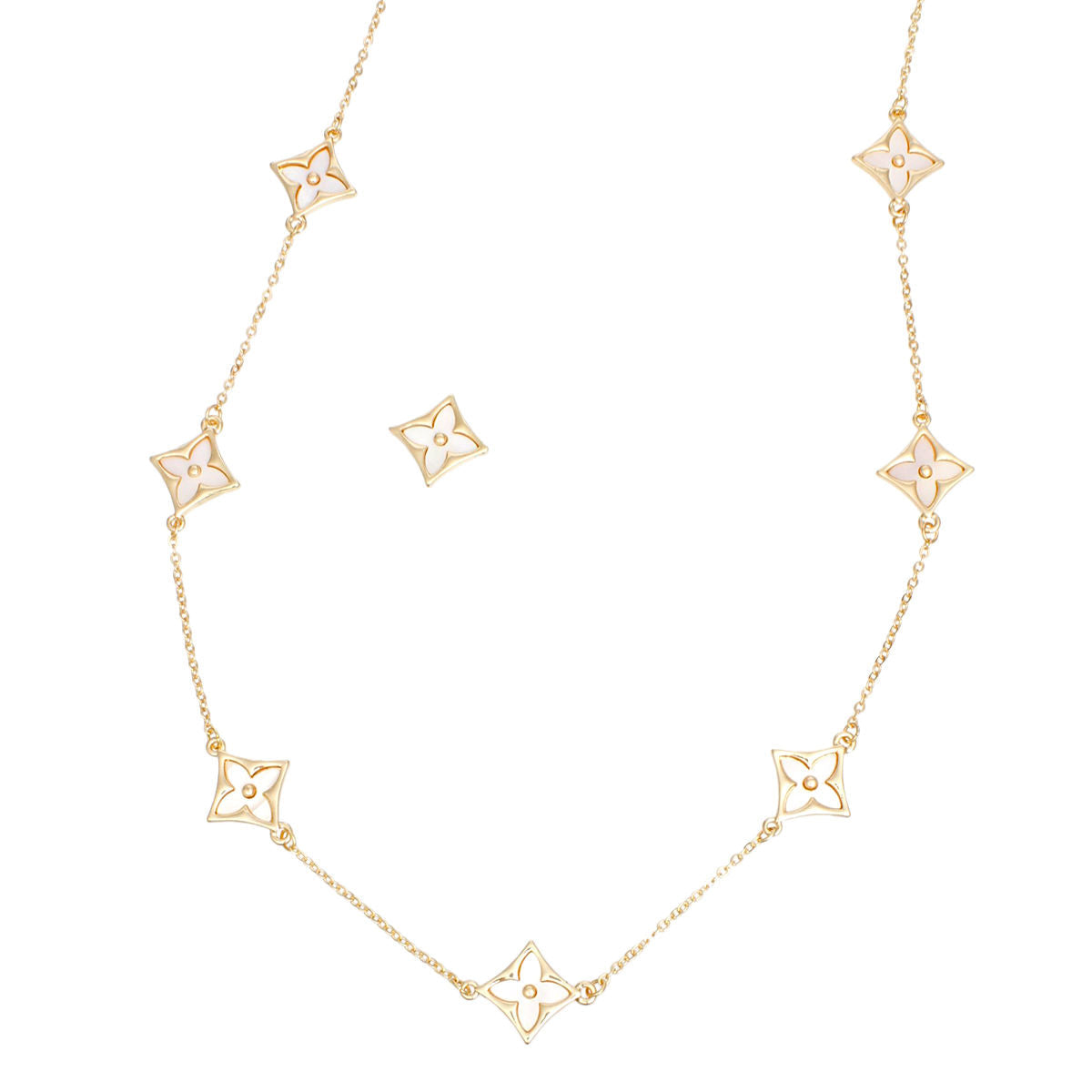 Long Gold Necklace with Cream Monogram Flower Chain – Stylish Statement Jewelry