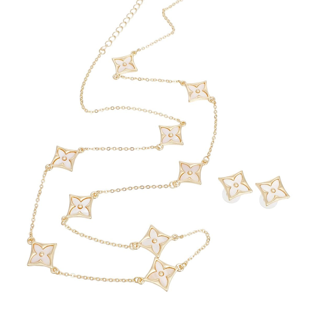 Long Gold Necklace with Cream Monogram Flower Chain – Stylish Statement Jewelry