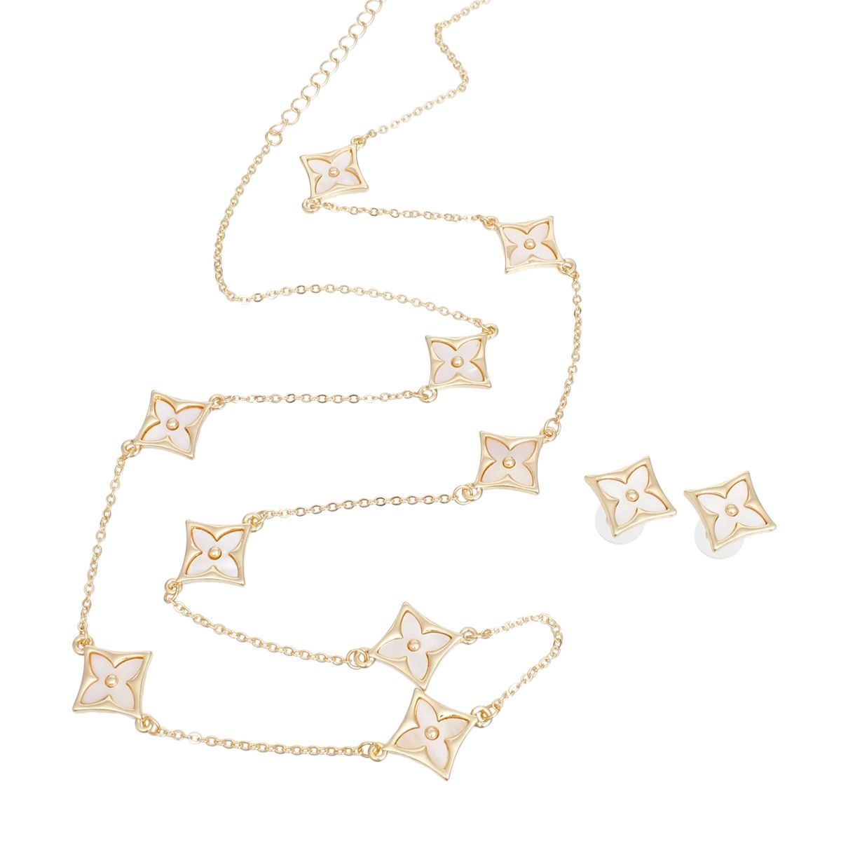 Long Gold Necklace with Cream Monogram Flower Chain – Stylish Statement Jewelry