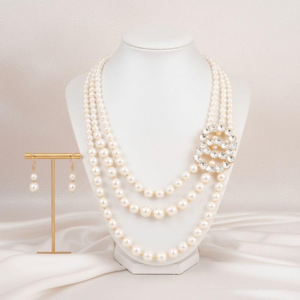 Layered Cream Pearl Necklace Set with Crystal Infinity Ring – Elegant Statement Jewelry