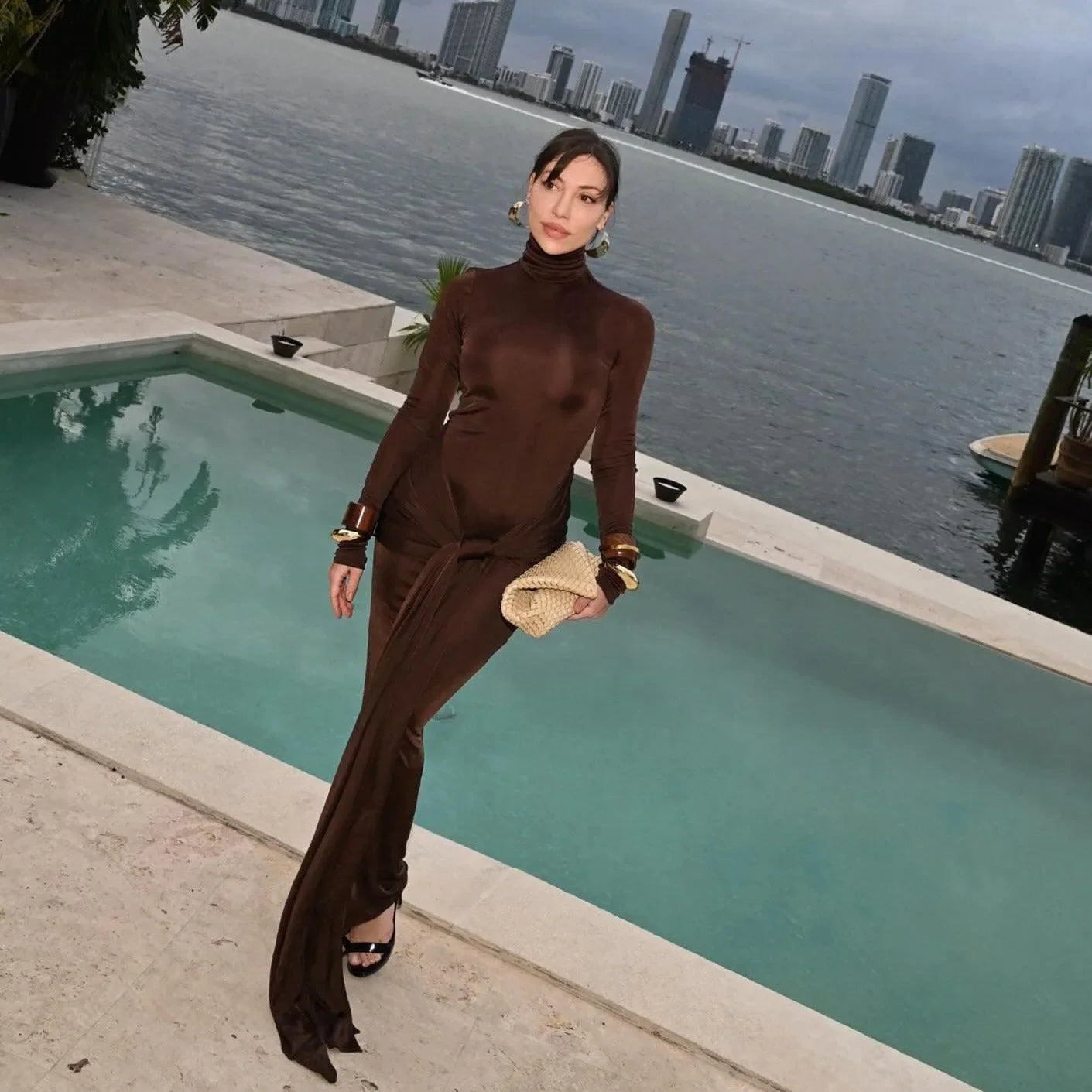 Playing Games Brown Long Sleeve Maxi Dress