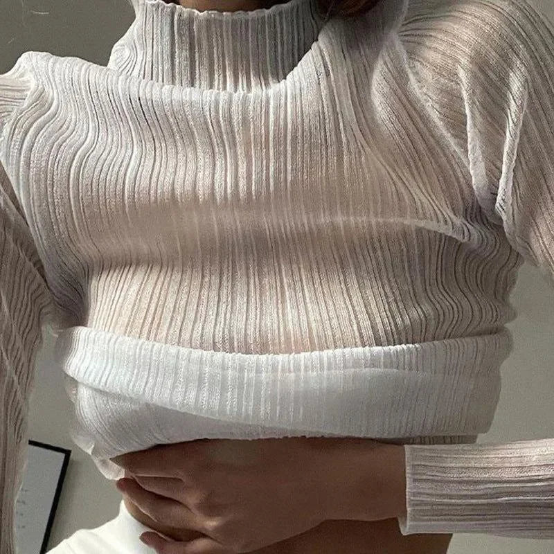 Presley White Sheer Mesh Mock Neck Frill Hem Top