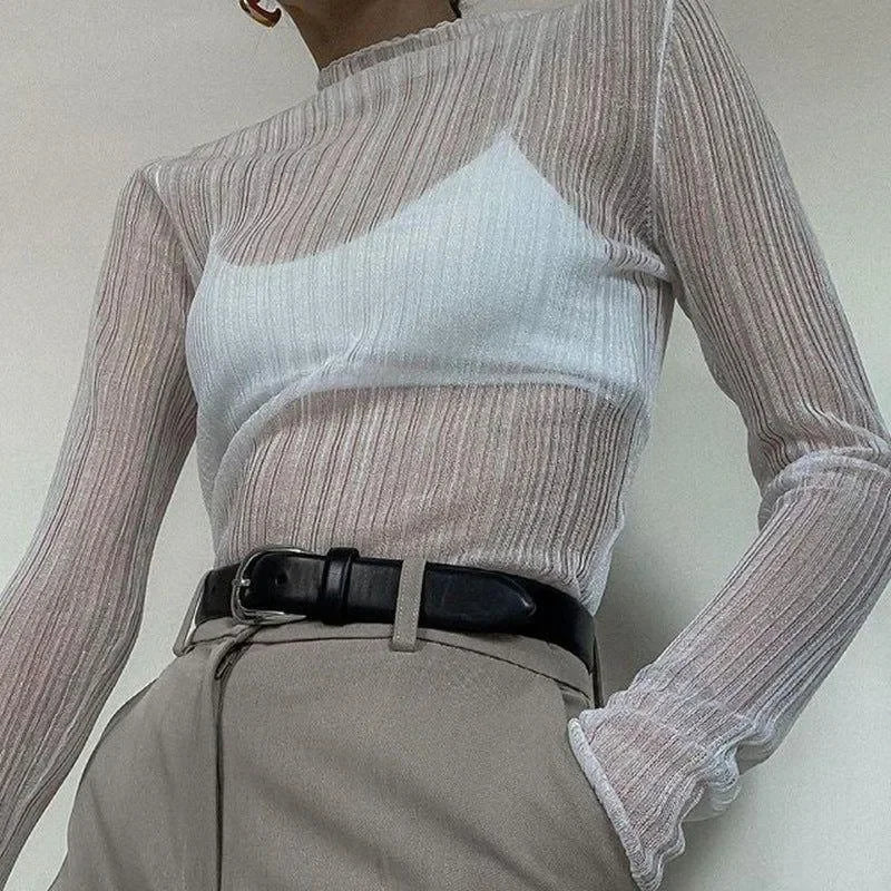 Presley White Sheer Mesh Mock Neck Frill Hem Top