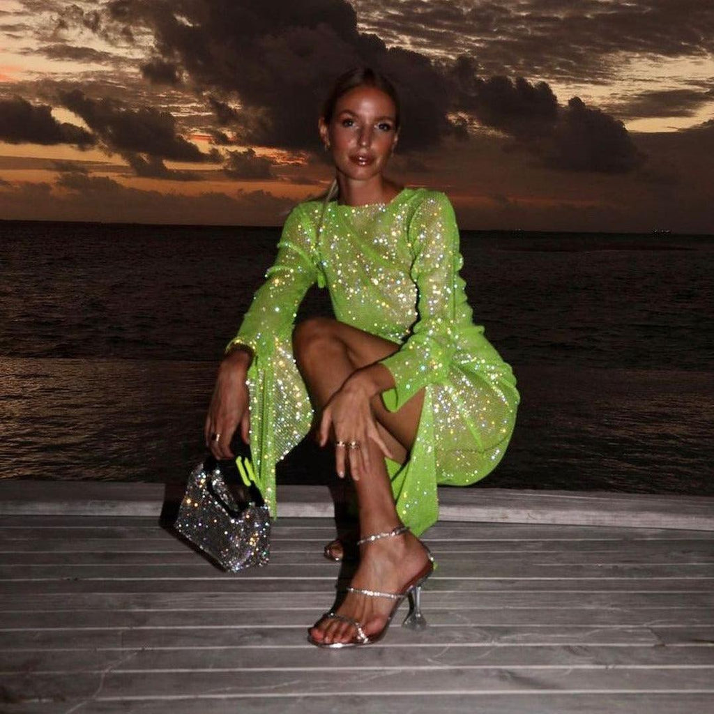 Diamond Dusk Light Green Rhinestone Midi Dress