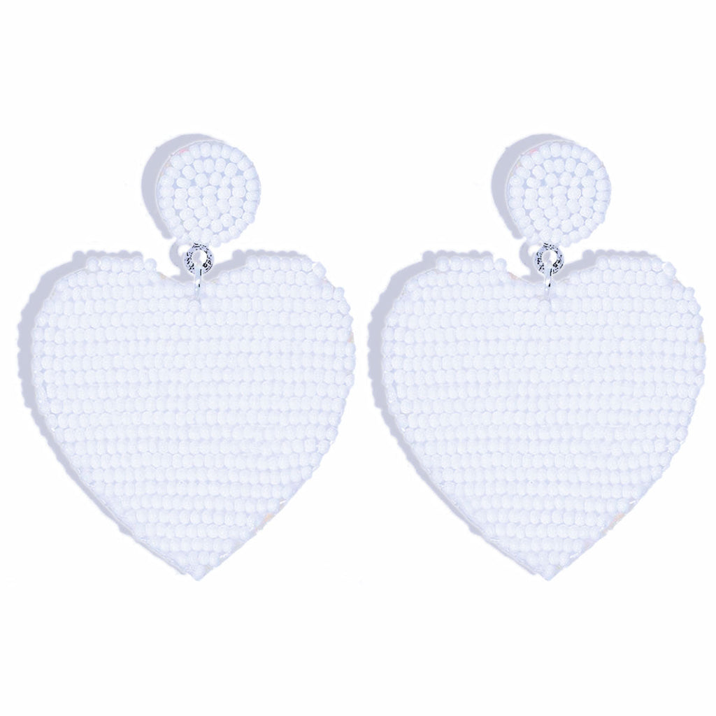 Seed Bead Heart Earrings White Stylish Statement Jewelry