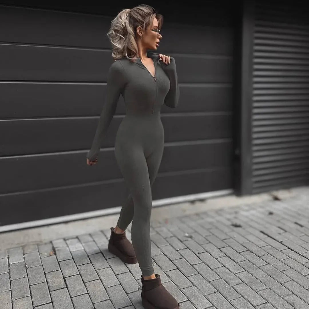 Second Skin Long Sleeve Gray Jumpsuit