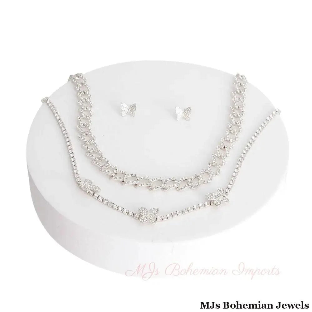 Silver Rhinestone Butterfly Station 2Pc Set