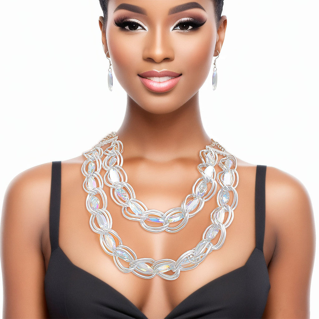 Double Linked Chain Necklace with Silver Crystal Set – Stylish Statement Jewelry