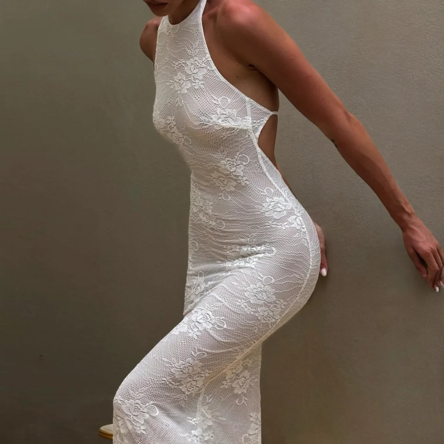 Soraya Sheer Lace Halter Maxi Dress