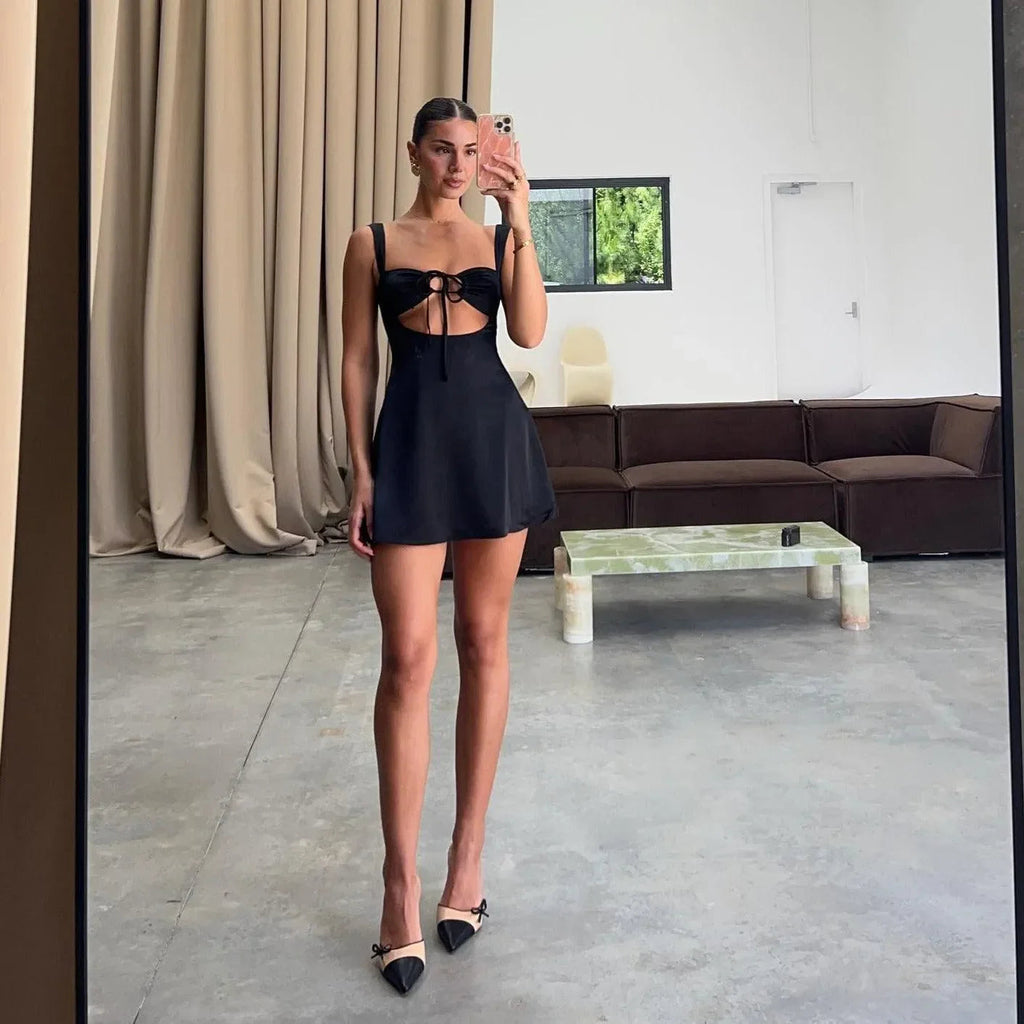 Summer Afternoon Satin Black Mini Dress