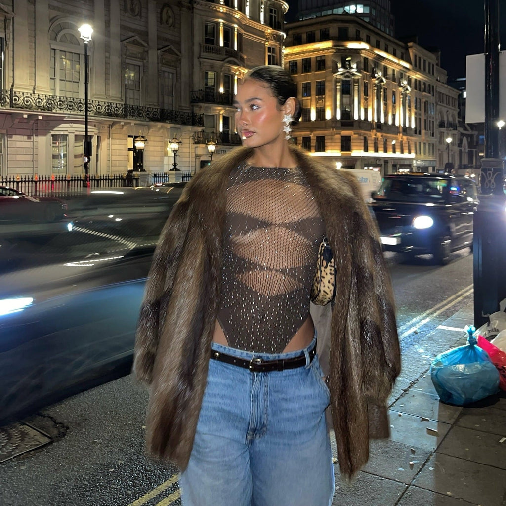 Supernova Rhinestone Embellished Brown Bodysuit