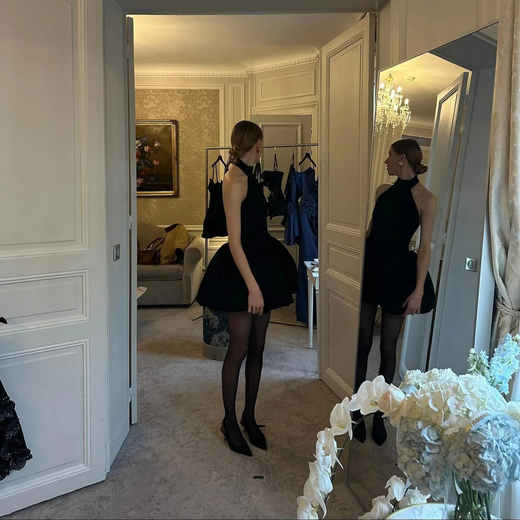 Tea Time Puff Black Mini Dress