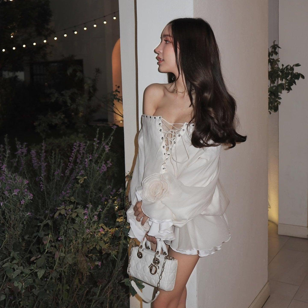 Tiffany Off Shoulder Lace Up White Mini Dress