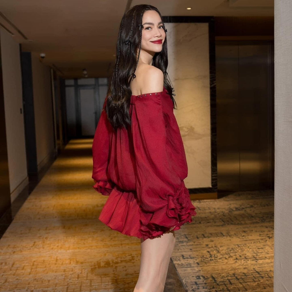 Tiffany Off Shoulder Lace Up Red Mini Dress