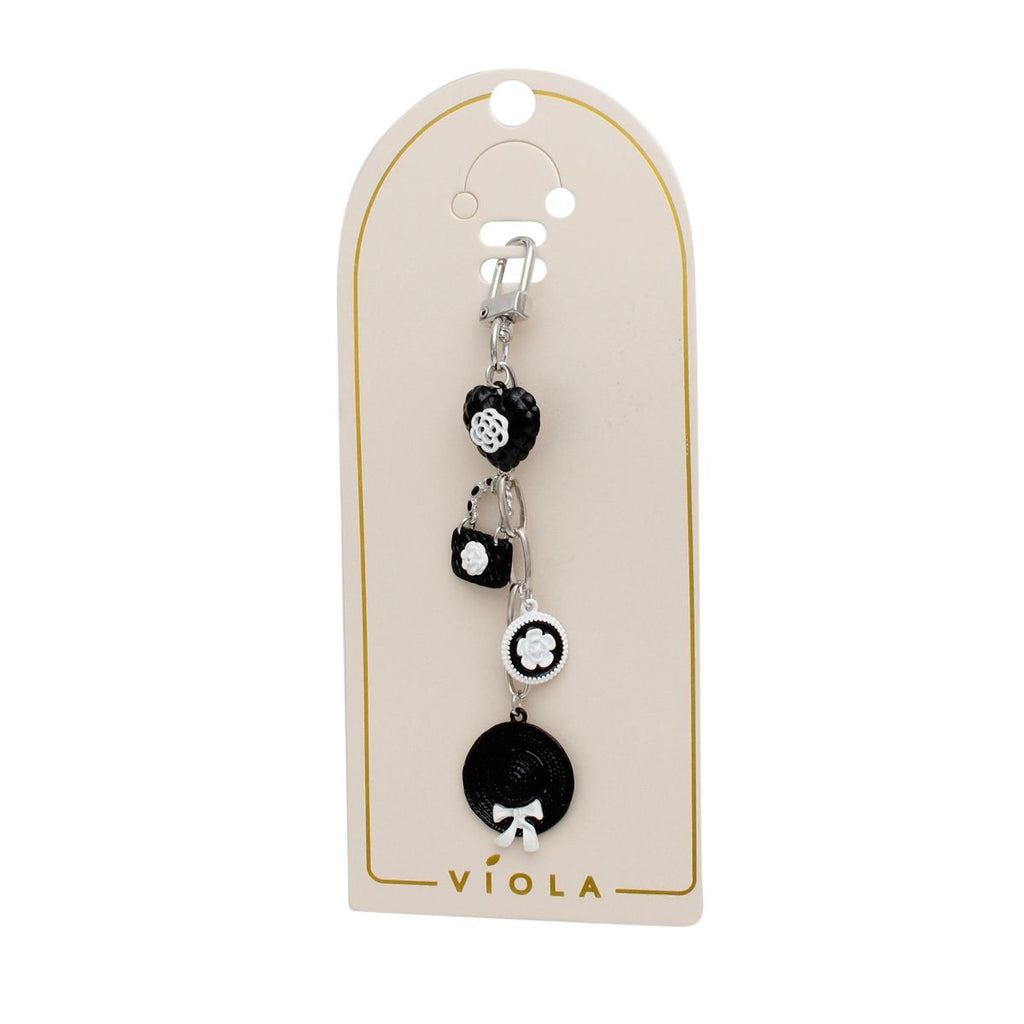 Fashion Keychain Bag Clip with Black and White Camellia Charms, Stylish Accessory