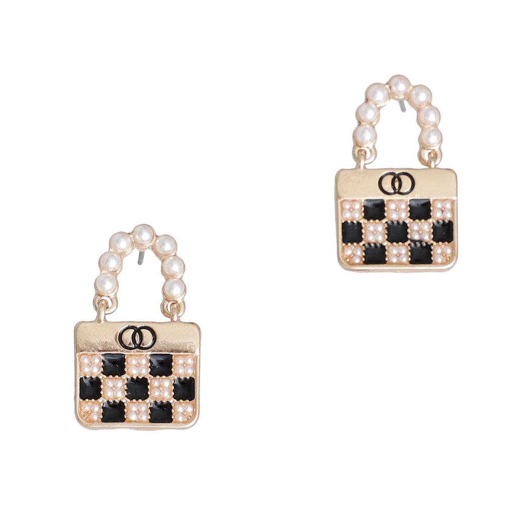 Fashion Handbag Handle Earrings Cream Checker Pattern Stylish Accessory