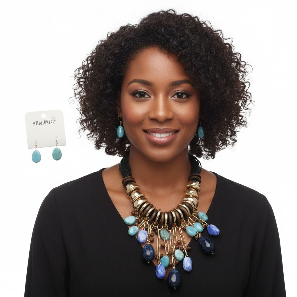 Leather Statement Necklace with Beaded Blue Stone – Trendy Artisan Jewelry