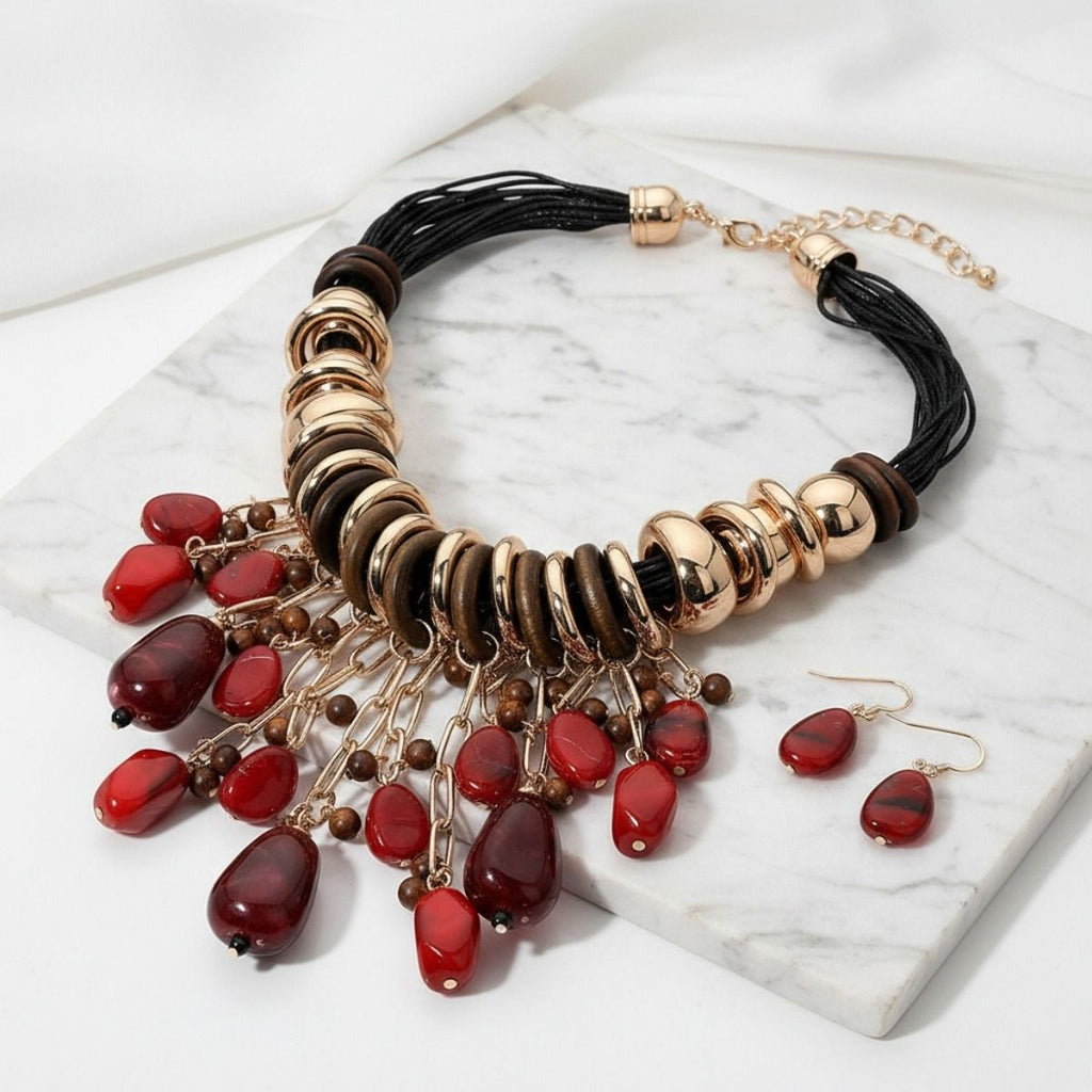 Leather Statement Necklace with Beaded Red Stone Global Artisan Design