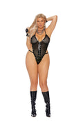 Vinyl And Fishnet Halter Neck Teddy Trimmed In Nail Heads With Front Zipper Closure