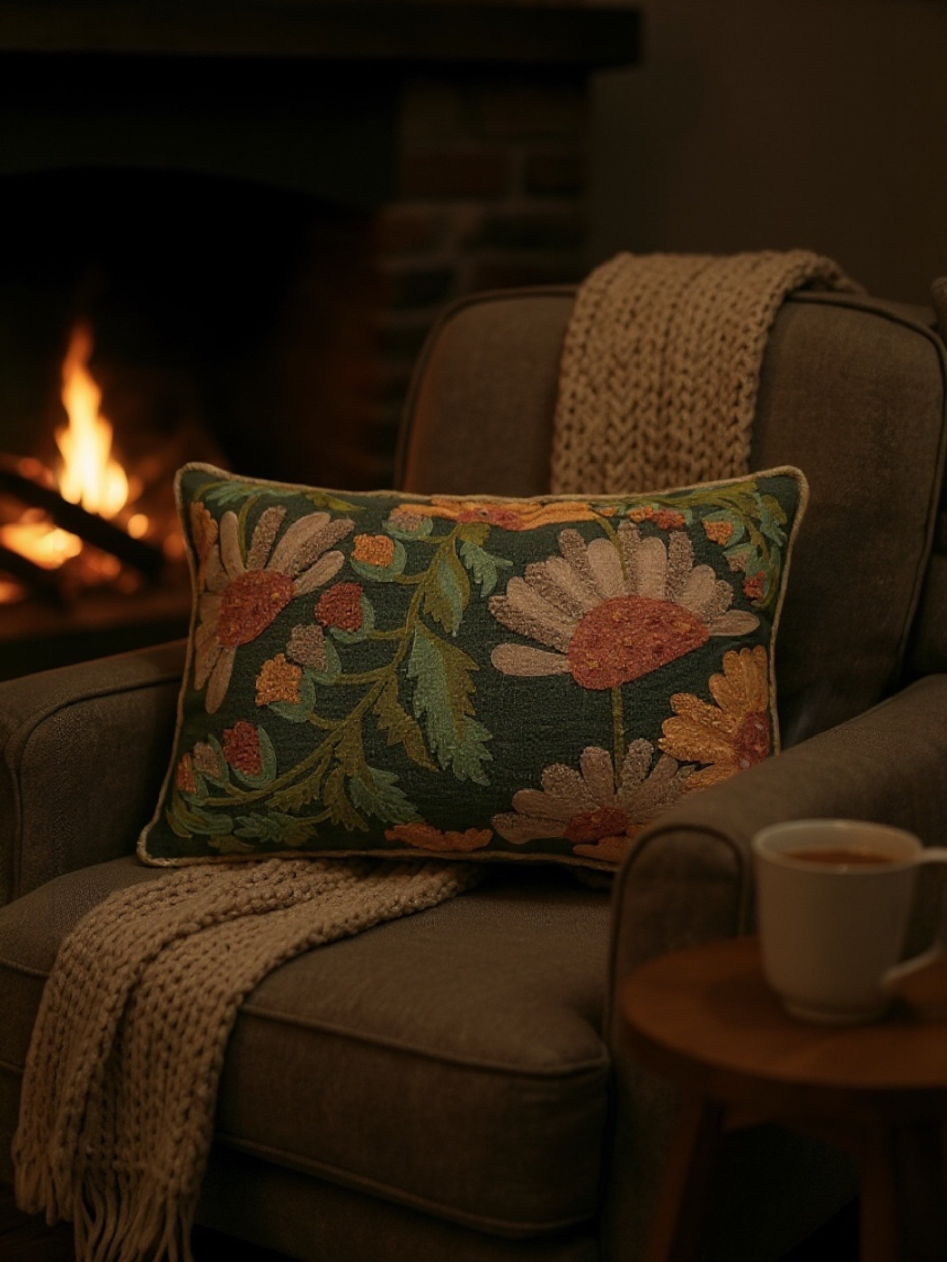 Embroidered Autumn Floral Cotton Slub Pillow with Fringe