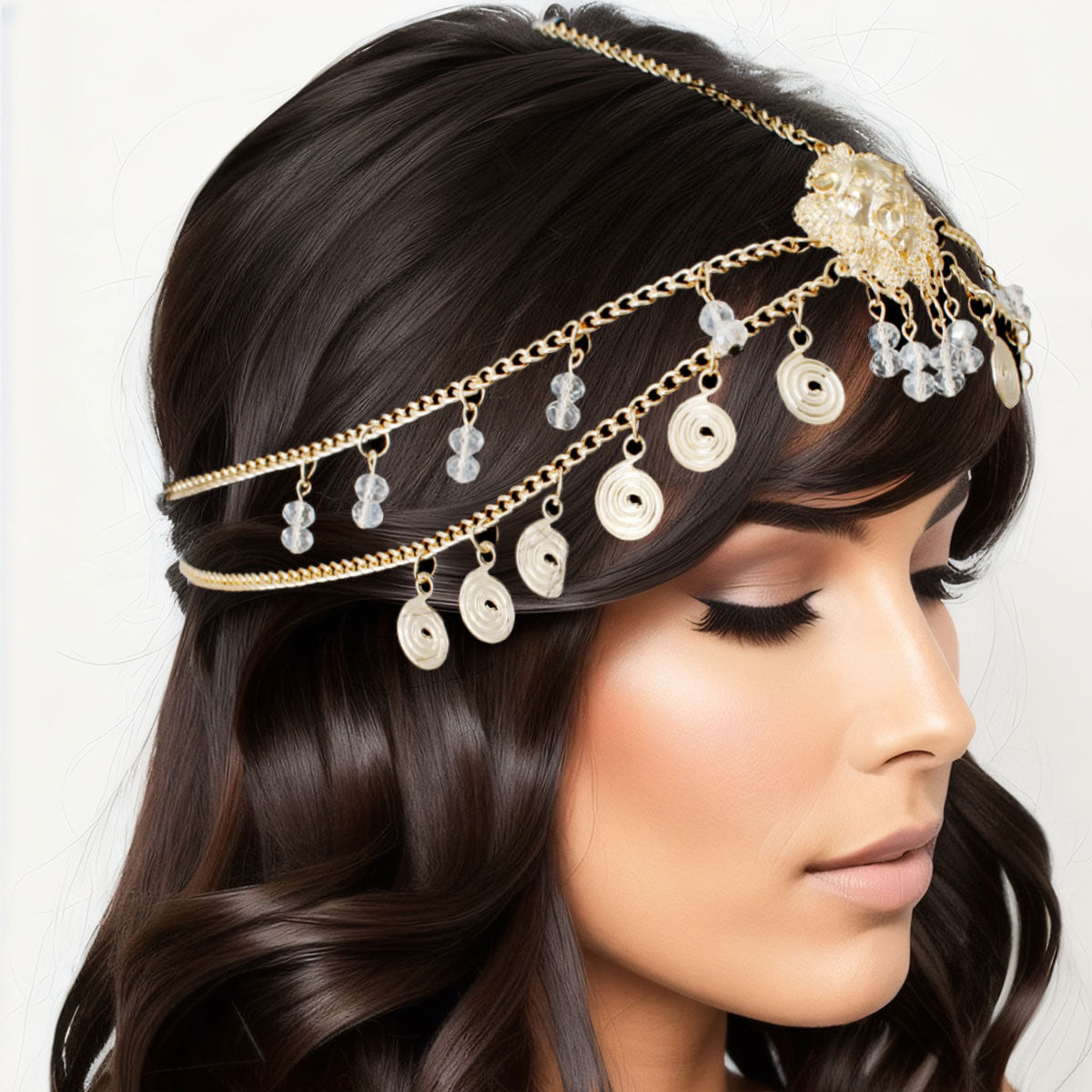 Statement Head Chain with Gold Lion and Beaded Detail