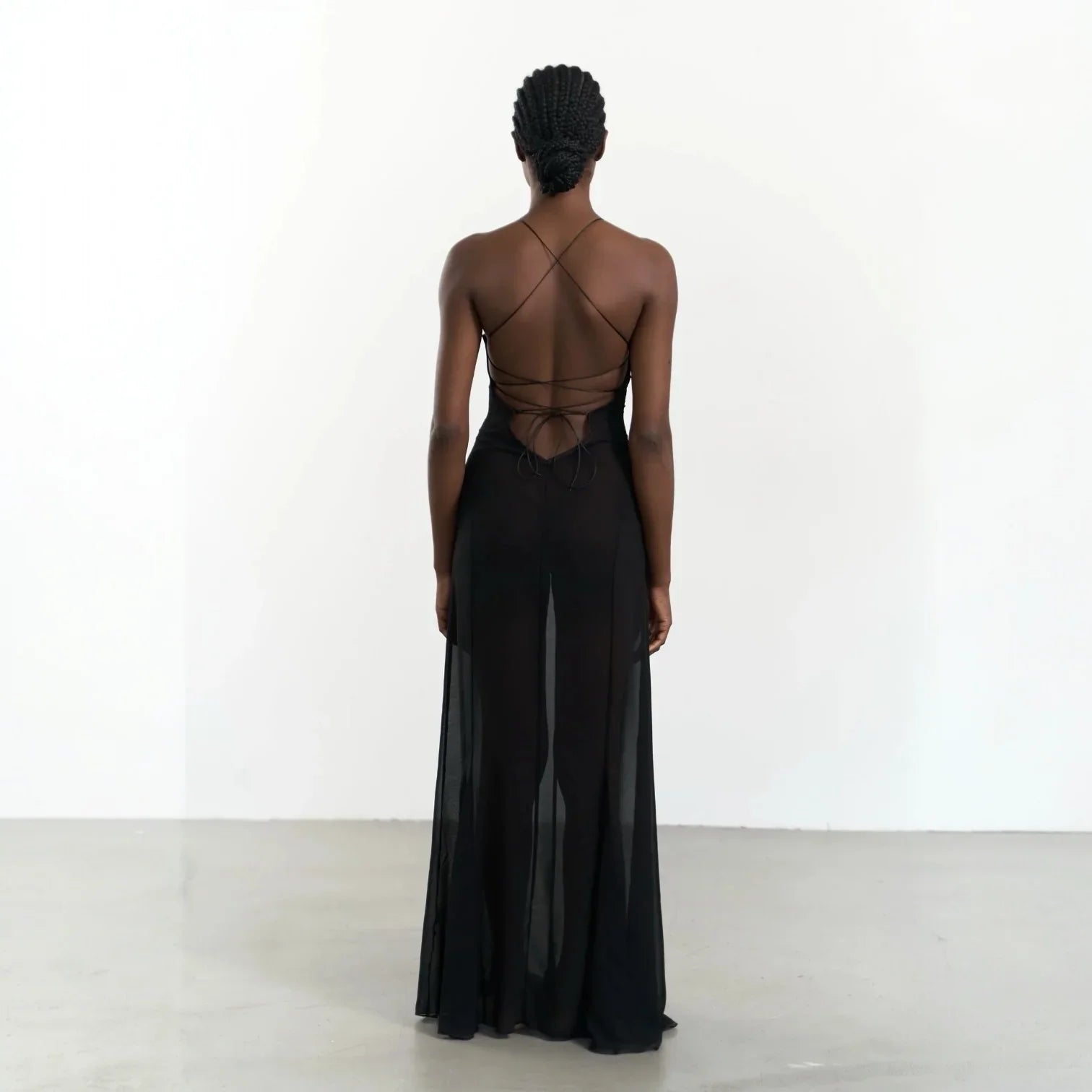 Zuma Mesh Cutout Lace Up Black Maxi Dress