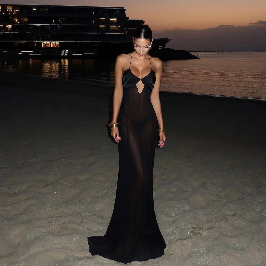Zuma Mesh Cutout Lace Up Black Maxi Dress