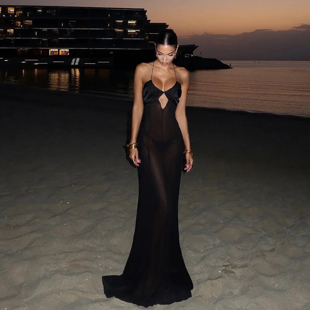 Zuma Mesh Cutout Lace Up Black Maxi Dress