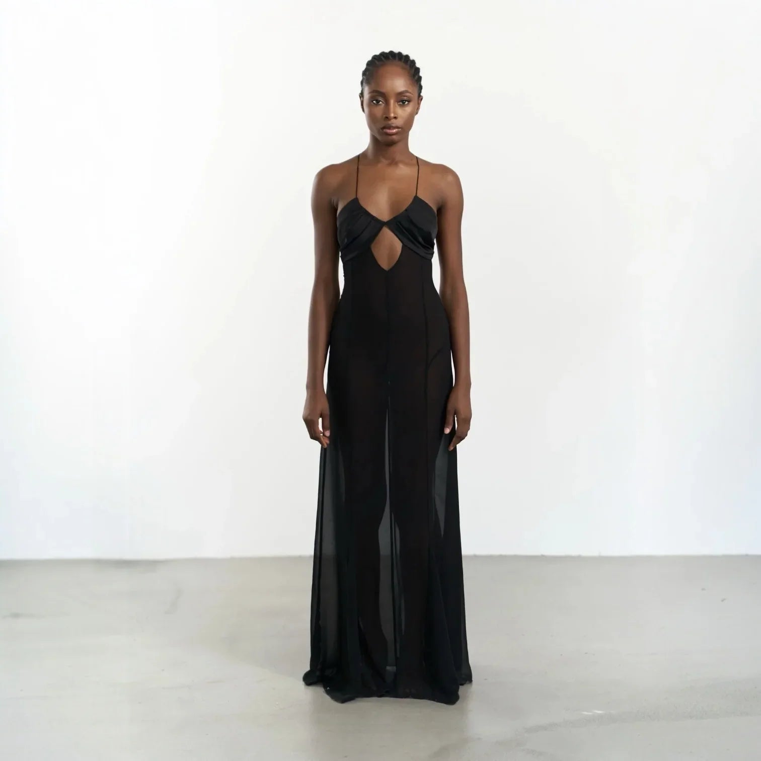 Zuma Mesh Cutout Lace Up Black Maxi Dress